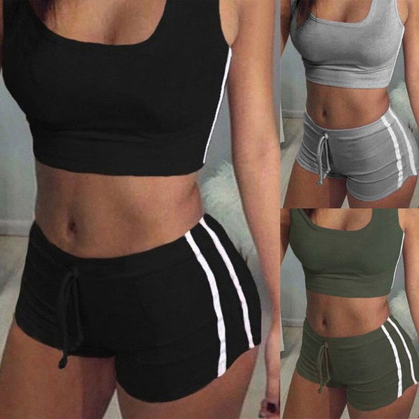 GLANE Yoga 2pcs Women Belt Suit Set Padded Bra Sleeveless Tops+Belt Shorts Fitness Running Yoga Gym Sports