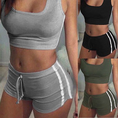 GLANE Yoga 2pcs Women Belt Suit Set Padded Bra Sleeveless Tops+Belt Shorts Fitness Running Yoga Gym Sports