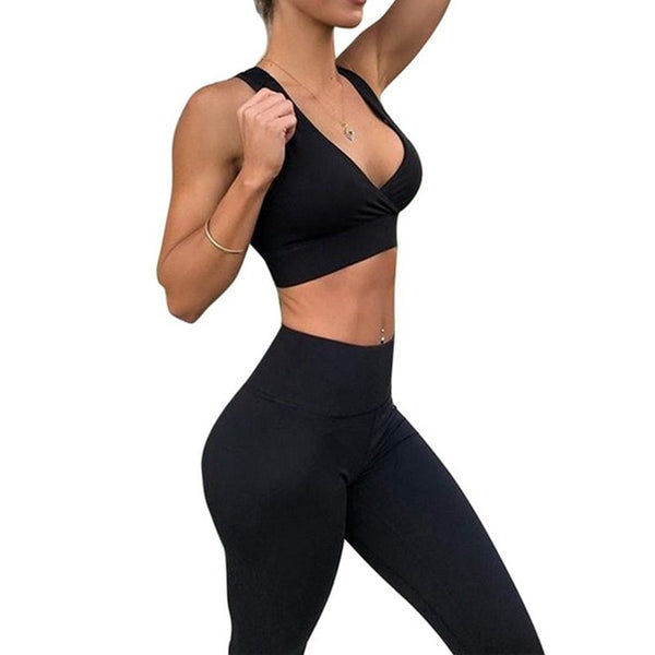 LASPERAL Sexy Red Black Solid Women Yoga Set Gym Fitness Jogger Running Set Push Up Sports Bra+Leggings Tracksuit Slim Sportwear