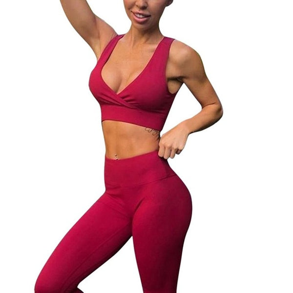 LASPERAL Sexy Red Black Solid Women Yoga Set Gym Fitness Jogger Running Set Push Up Sports Bra+Leggings Tracksuit Slim Sportwear