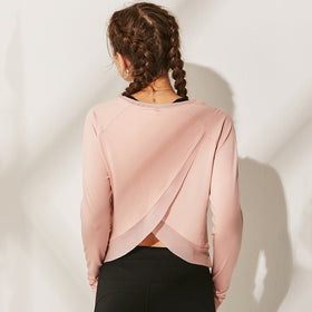 O neck Long Sleeve Mesh Yoga Shirt Women Back Split Cross Wrap Fitness T Shirt with Thumb Holes Workout Tops Woman Sportswear