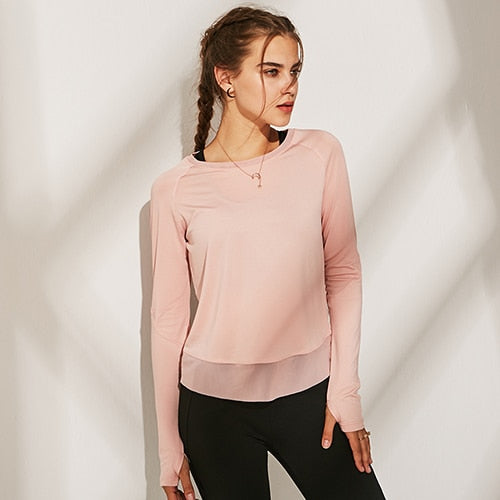 O neck Long Sleeve Mesh Yoga Shirt Women Back Split Cross Wrap Fitness T Shirt with Thumb Holes Workout Tops Woman Sportswear