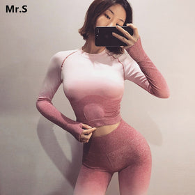 Ombre Seamless 2 Piece Set Women Sport Suit Gym Workout Clothes Long Sleeve Fitness Crop Top And Scrunch Butt Leggings Yoga Set