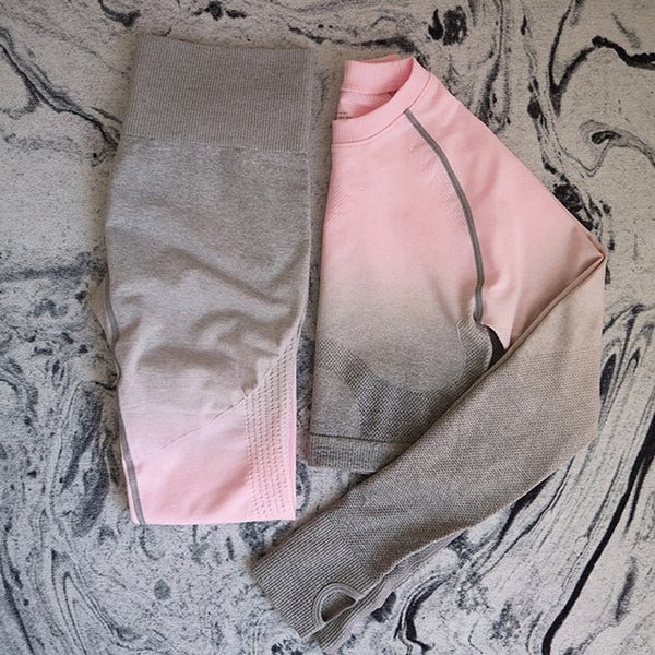 Ombre Seamless 2 Piece Set Women Sport Suit Gym Workout Clothes Long Sleeve Fitness Crop Top And Scrunch Butt Leggings Yoga Set