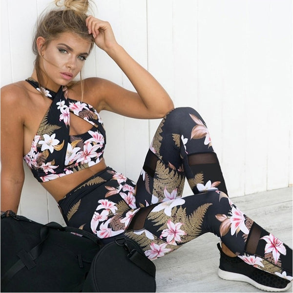Vutru 2 Piece Floral Print Yoga Set Women Sexy Tracksuit For Women Gym Fitness Clothes Bra+Long Pants Running Tights Sport Suit