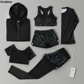 Outdoor running women 6 pieces set quick dry patchwork camouflage yoga sportswear clothing womens fitness gym wear tracksuit