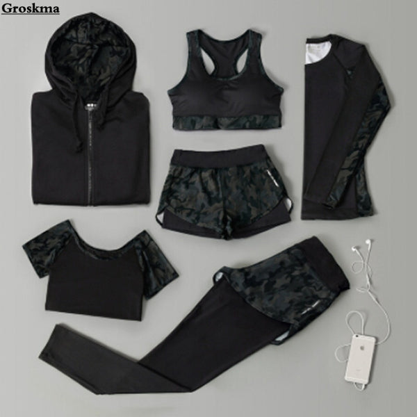 Outdoor running women 6 pieces set quick dry patchwork camouflage yoga sportswear clothing womens fitness gym wear tracksuit