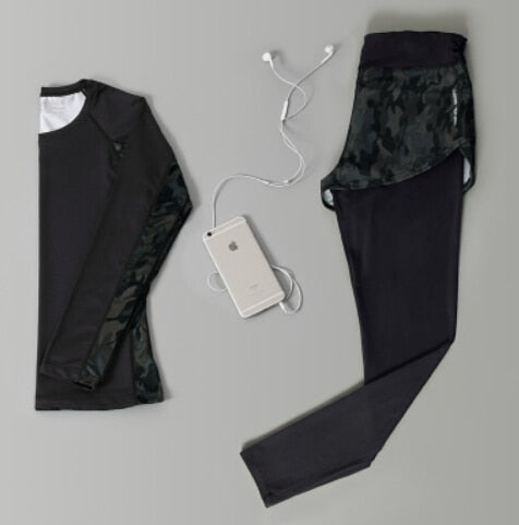 Outdoor running women 6 pieces set quick dry patchwork camouflage yoga sportswear clothing womens fitness gym wear tracksuit