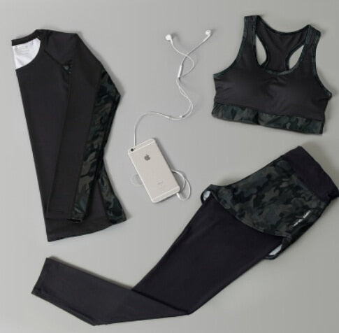 Outdoor running women 6 pieces set quick dry patchwork camouflage yoga sportswear clothing womens fitness gym wear tracksuit
