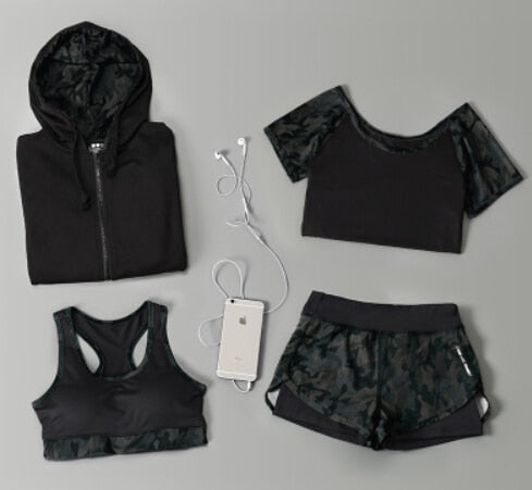 Outdoor running women 6 pieces set quick dry patchwork camouflage yoga sportswear clothing womens fitness gym wear tracksuit