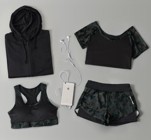 Outdoor running women 6 pieces set quick dry patchwork camouflage yoga sportswear clothing womens fitness gym wear tracksuit