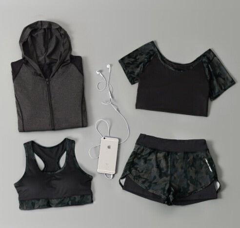 Outdoor running women 6 pieces set quick dry patchwork camouflage yoga sportswear clothing womens fitness gym wear tracksuit