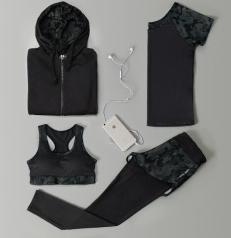 Outdoor running women 6 pieces set quick dry patchwork camouflage yoga sportswear clothing womens fitness gym wear tracksuit
