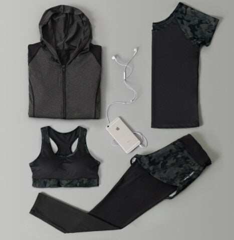 Outdoor running women 6 pieces set quick dry patchwork camouflage yoga sportswear clothing womens fitness gym wear tracksuit
