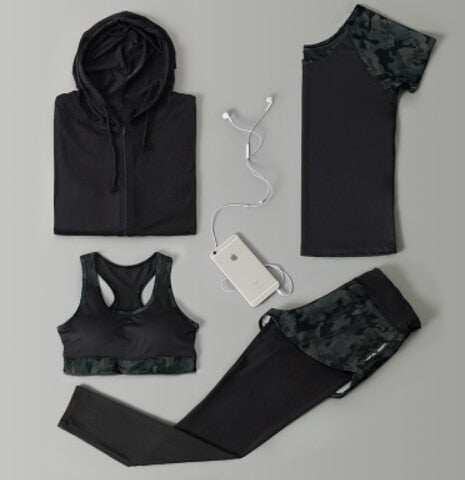 Outdoor running women 6 pieces set quick dry patchwork camouflage yoga sportswear clothing womens fitness gym wear tracksuit