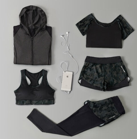 Outdoor running women 6 pieces set quick dry patchwork camouflage yoga sportswear clothing womens fitness gym wear tracksuit