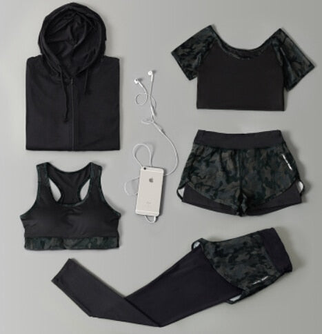 Outdoor running women 6 pieces set quick dry patchwork camouflage yoga sportswear clothing womens fitness gym wear tracksuit
