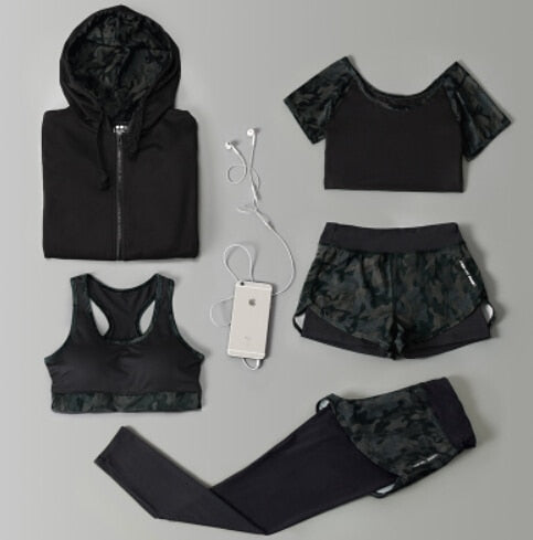 Outdoor running women 6 pieces set quick dry patchwork camouflage yoga sportswear clothing womens fitness gym wear tracksuit