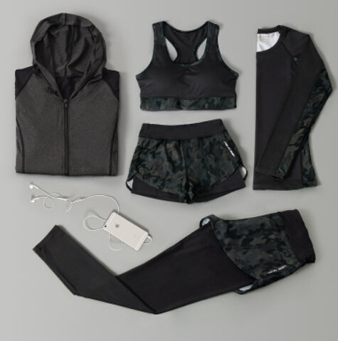 Outdoor running women 6 pieces set quick dry patchwork camouflage yoga sportswear clothing womens fitness gym wear tracksuit