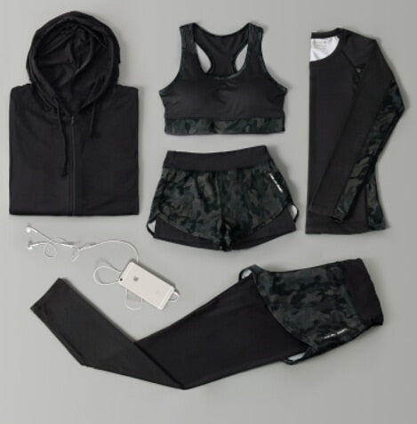 Outdoor running women 6 pieces set quick dry patchwork camouflage yoga sportswear clothing womens fitness gym wear tracksuit