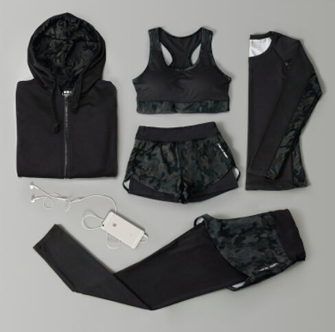 Outdoor running women 6 pieces set quick dry patchwork camouflage yoga sportswear clothing womens fitness gym wear tracksuit