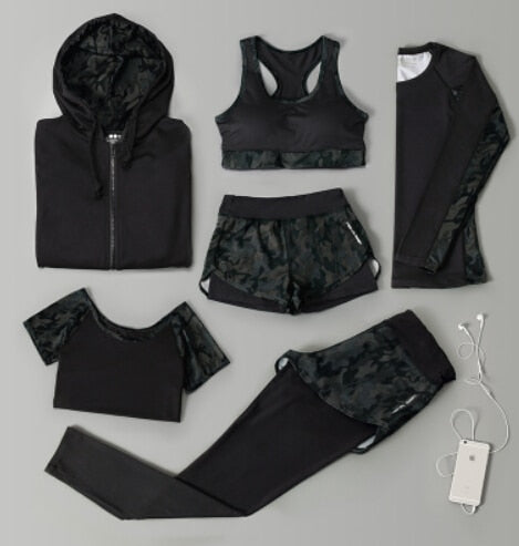 Outdoor running women 6 pieces set quick dry patchwork camouflage yoga sportswear clothing womens fitness gym wear tracksuit
