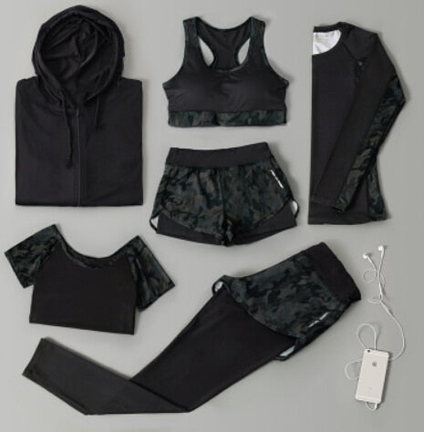 Outdoor running women 6 pieces set quick dry patchwork camouflage yoga sportswear clothing womens fitness gym wear tracksuit