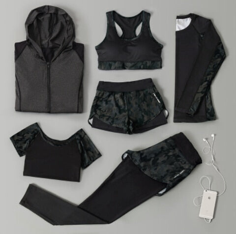 Outdoor running women 6 pieces set quick dry patchwork camouflage yoga sportswear clothing womens fitness gym wear tracksuit