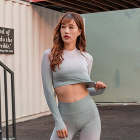 Women Yoga Set Gym Clothing Ombre Seamless Leggings+Cropped Shirts Workout Sport Suit Women Long Sleeve Fitness Set Active Wear