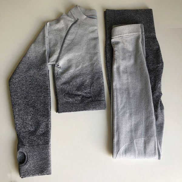 Women Yoga Set Gym Clothing Ombre Seamless Leggings+Cropped Shirts Workout Sport Suit Women Long Sleeve Fitness Set Active Wear
