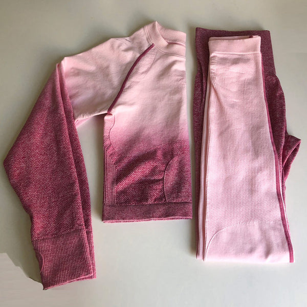 Women Yoga Set Gym Clothing Ombre Seamless Leggings+Cropped Shirts Workout Sport Suit Women Long Sleeve Fitness Set Active Wear