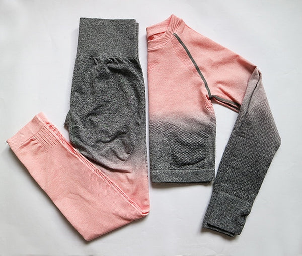 2 Pcs Yoga Set Women Long Sleeve Crop Top And High Waisted Tummy Control Sport Leggings Gym Clothing Ombre Seamless Sport Suit