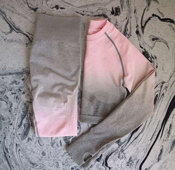 2 Pcs Yoga Set Women Long Sleeve Crop Top And High Waisted Tummy Control Sport Leggings Gym Clothing Ombre Seamless Sport Suit