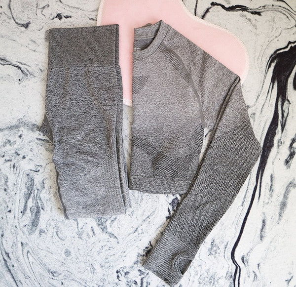 2 Pcs Yoga Set Women Long Sleeve Crop Top And High Waisted Tummy Control Sport Leggings Gym Clothing Ombre Seamless Sport Suit