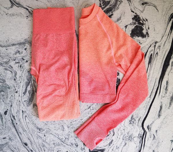 2 Pcs Yoga Set Women Long Sleeve Crop Top And High Waisted Tummy Control Sport Leggings Gym Clothing Ombre Seamless Sport Suit