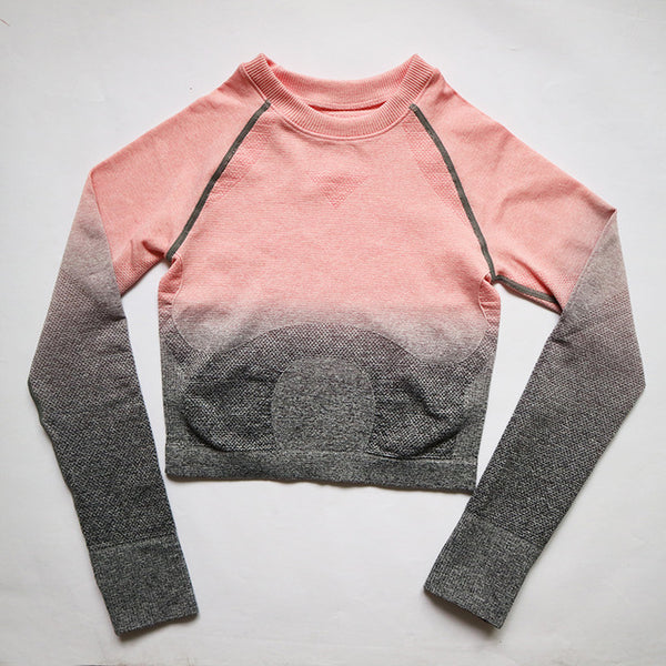 2 Pcs Yoga Set Women Long Sleeve Crop Top And High Waisted Tummy Control Sport Leggings Gym Clothing Ombre Seamless Sport Suit