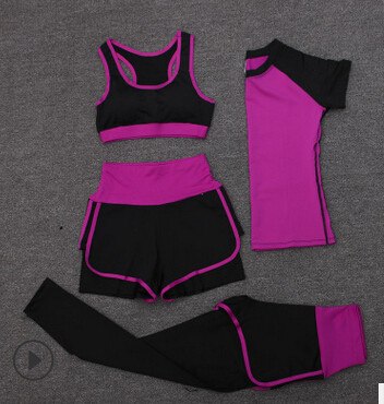 High waist pants+shorts+bra+t shirt+coats women sportswear 5PCS set outdoor running quick dry yoga clothing fitness gym sets
