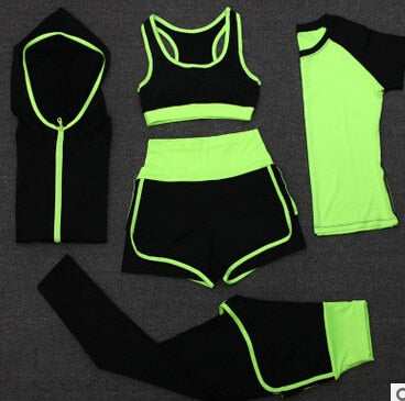 High waist pants+shorts+bra+t shirt+coats women sportswear 5PCS set outdoor running quick dry yoga clothing fitness gym sets