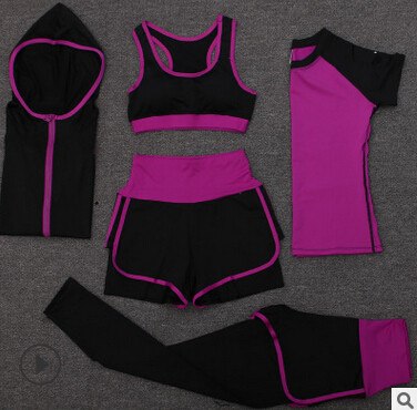 High waist pants+shorts+bra+t shirt+coats women sportswear 5PCS set outdoor running quick dry yoga clothing fitness gym sets