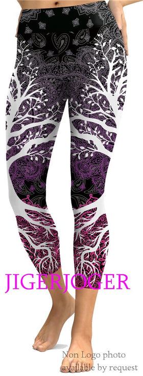 JIGERJOGER 2019 Spring New High waistband pocket Tree of life mandala pink 3/4 Yoga Capris Legging Shorts 7/8 compression tights