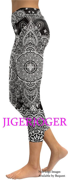 JIGERJOGER 2019 Spring New High waistband pocket Tree of life mandala pink 3/4 Yoga Capris Legging Shorts 7/8 compression tights