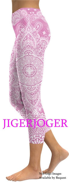 JIGERJOGER 2019 Spring New High waistband pocket Tree of life mandala pink 3/4 Yoga Capris Legging Shorts 7/8 compression tights