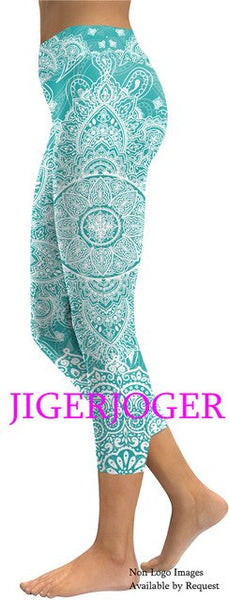 JIGERJOGER 2019 Spring New High waistband pocket Tree of life mandala pink 3/4 Yoga Capris Legging Shorts 7/8 compression tights