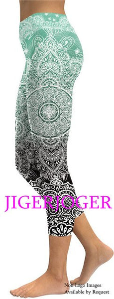 JIGERJOGER 2019 Spring New High waistband pocket Tree of life mandala pink 3/4 Yoga Capris Legging Shorts 7/8 compression tights