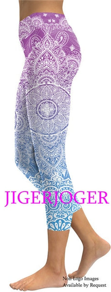 JIGERJOGER 2019 Spring New High waistband pocket Tree of life mandala pink 3/4 Yoga Capris Legging Shorts 7/8 compression tights