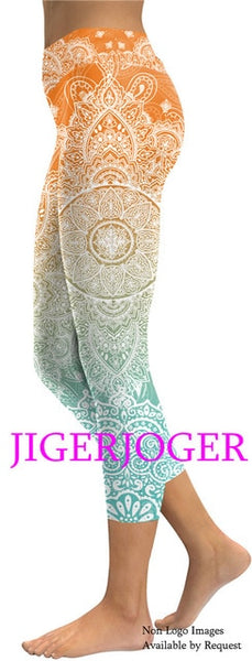 JIGERJOGER 2019 Spring New High waistband pocket Tree of life mandala pink 3/4 Yoga Capris Legging Shorts 7/8 compression tights