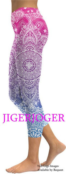 JIGERJOGER 2019 Spring New High waistband pocket Tree of life mandala pink 3/4 Yoga Capris Legging Shorts 7/8 compression tights