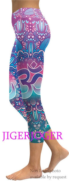 JIGERJOGER 2019 Spring New High waistband pocket Tree of life mandala pink 3/4 Yoga Capris Legging Shorts 7/8 compression tights