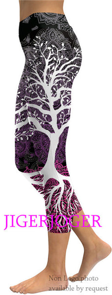JIGERJOGER 2019 Spring New High waistband pocket Tree of life mandala pink 3/4 Yoga Capris Legging Shorts 7/8 compression tights