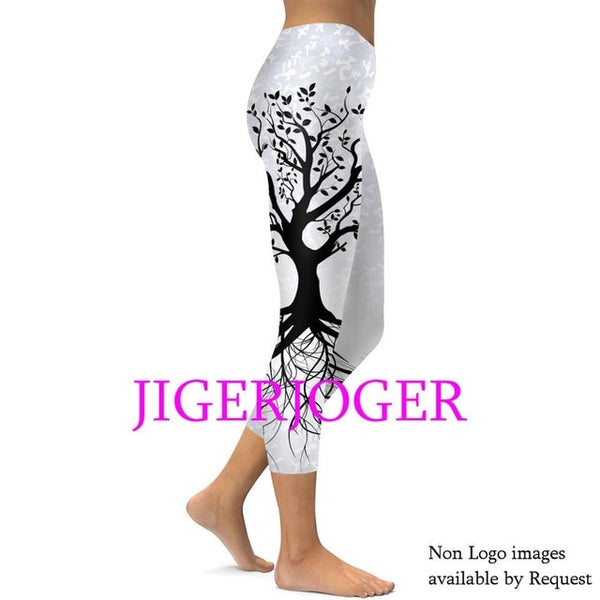 JIGERJOGER 2019 Spring New High waistband pocket Tree of life mandala pink 3/4 Yoga Capris Legging Shorts 7/8 compression tights